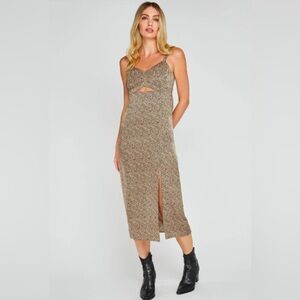 GENTLE FAWN - Penelope Midi, Side-Slit Leopard Print Slip Dress w/front cut out.